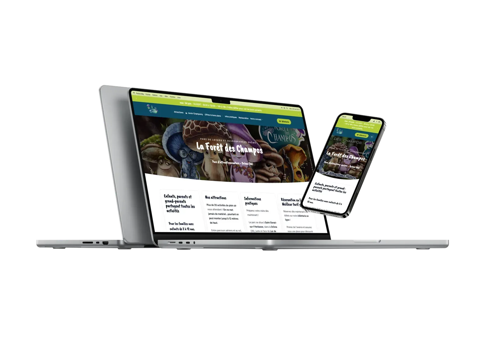 Aperçu ordinateur et mobile du site La Forêt des Champos.